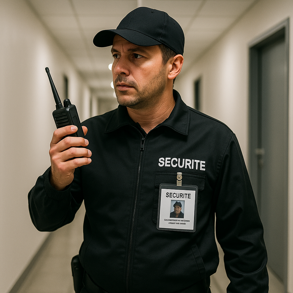 Agent de sécurité effectuant une ronde de patrouille avec badge et radio